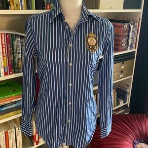 Ralph Lauren Sport Blue White Striped Oxford Blouse with Crest, Size 8
